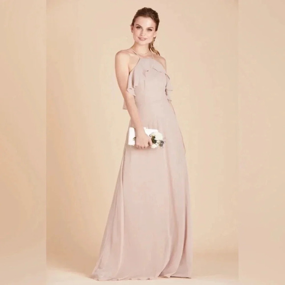 Birdy Grey Jules Dress Size XS Taupe Ruffle Halter Bridesmaid Formal Chiffon - Picture 1 of 12